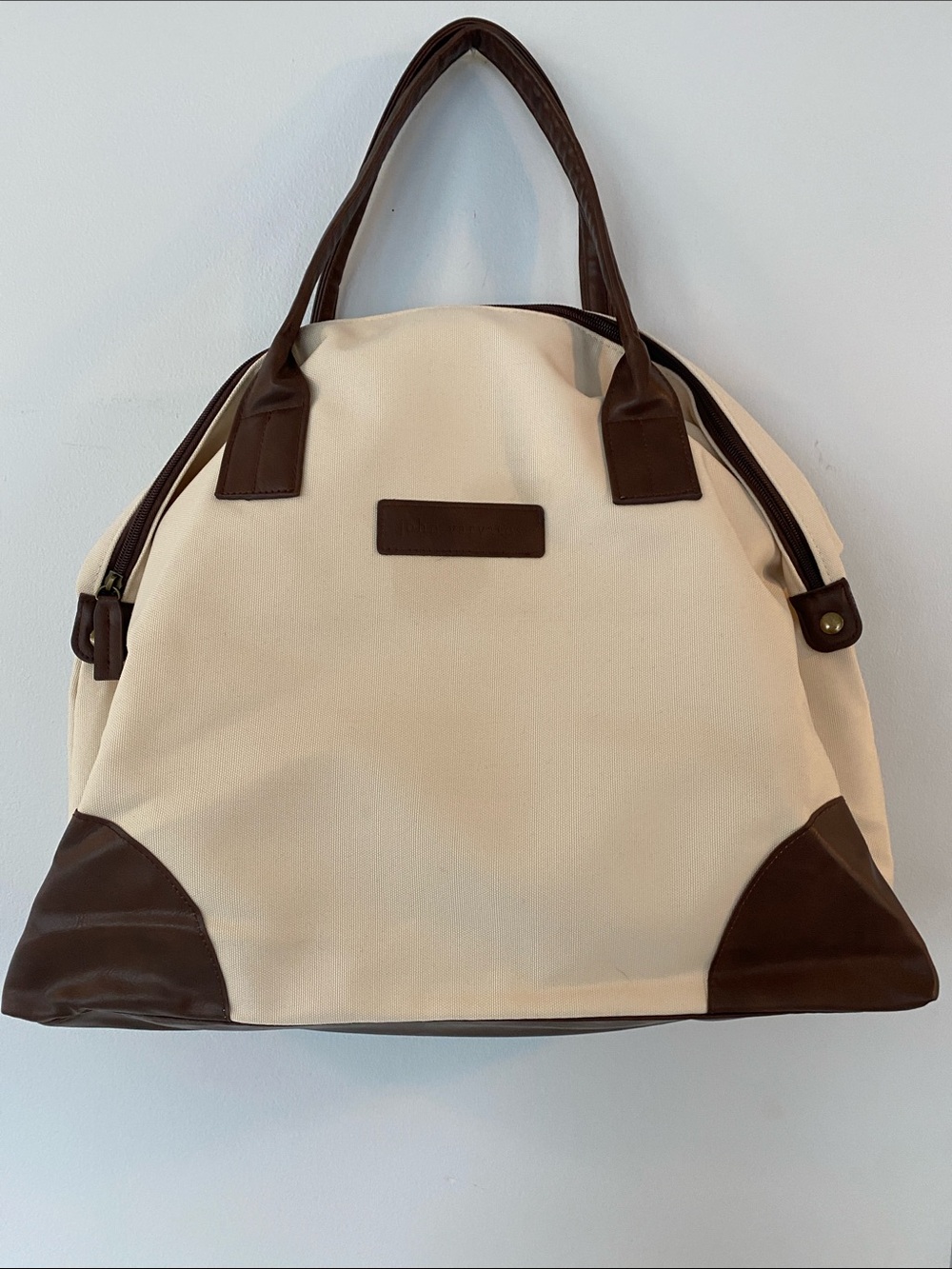 John Varvatos Cream and Brown Trim Canvas Tote Bag
